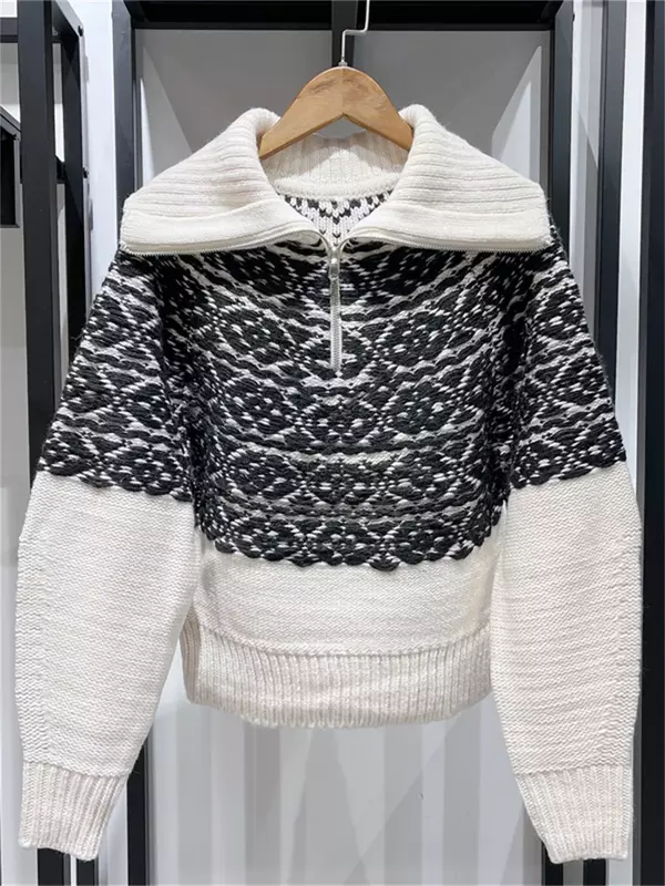 Herbst Winter Damen pullover halber Reiß verschluss Turn-Down-Kragen Vintage Jacquard Pullover