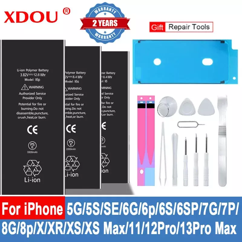 Substituição da bateria XDOU para Apple, iPhone, SE 2, 6, 6S, 7, 8 Plus, X, XR, XS, 11, 12, 13 Pro Max, Mini, 6SP, 7G, 7Plus, 8 Plus, 4, 5, 4S
