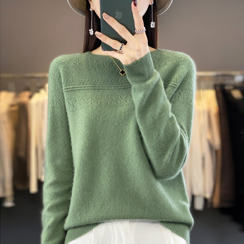 Sweter murni 100% siap pakai garis pertama pullover wanita leher bulat longgar dan ramping sweater Dalaman rajut ledakan