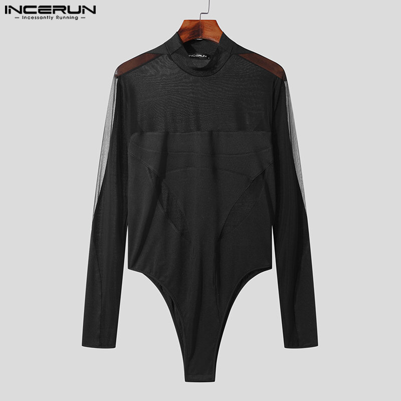 INCERUN 2023 Sexy Casual New Mens Rompers Splicing See-through Mesh Bodysuit Stylish Male Solid Thin Long Sleeve Jumpsuits S-5XL