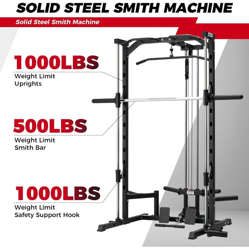 Smith Machine Power Rack con sistema LAT-Pull Down, Landmine, barra de pesas, clavijas de almacenamiento de placas y más accesorios de entrenamiento