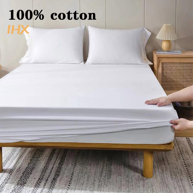 100% Cotton Fitted Bed Sheet with Elastic Band Solid Color Anti-slip Adjustable Mattress Cover for Single Double King Queen Bed