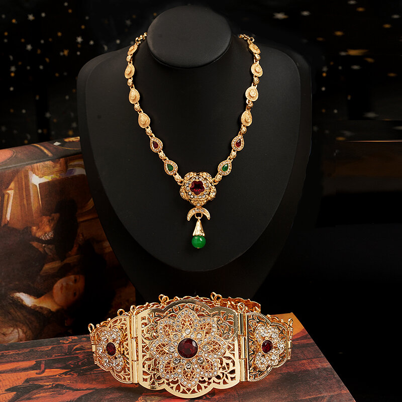 Marroquino chique caftan cinto cor do ouro vermelho pedra verde argélia vestido de casamento kaftan abaya árabe cinto de corrente da cintura jóias