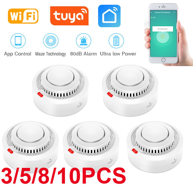 Tuya WIFI Smoke Detector Fire Protection Alarm Sensor Independent Wireless Battery Operated Smart Life Push Alert Home Security