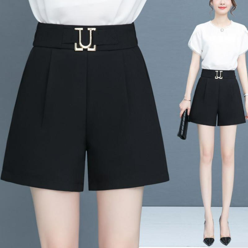 Ice-Short d'été taille haute pour femme, pantalon droit, polyvalent, jambes larges, couleur unie, patchwork, poche, mode coréenne