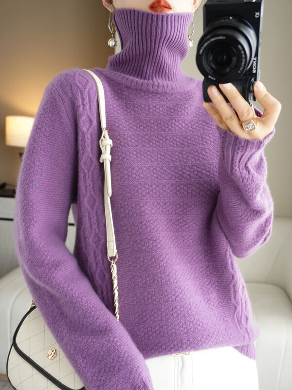 Suéter de lana merina para mujer, jerseys gruesos, cálidos, suaves, de cuello alto, de manga larga, informales, de Cachemira, 100%