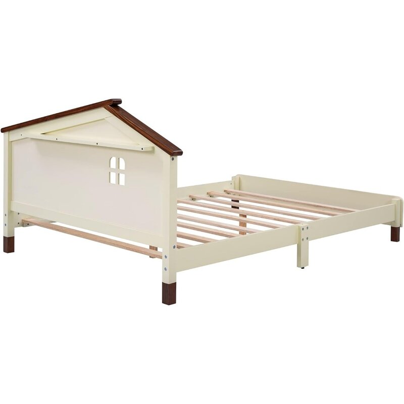 إطار سرير بمنصة خشبية للأطفال ، تجميع سهل ، كريم كامل + قواعد وإطارات من خشب الجوز ، لا حاجة إلى صندوق ربيعي