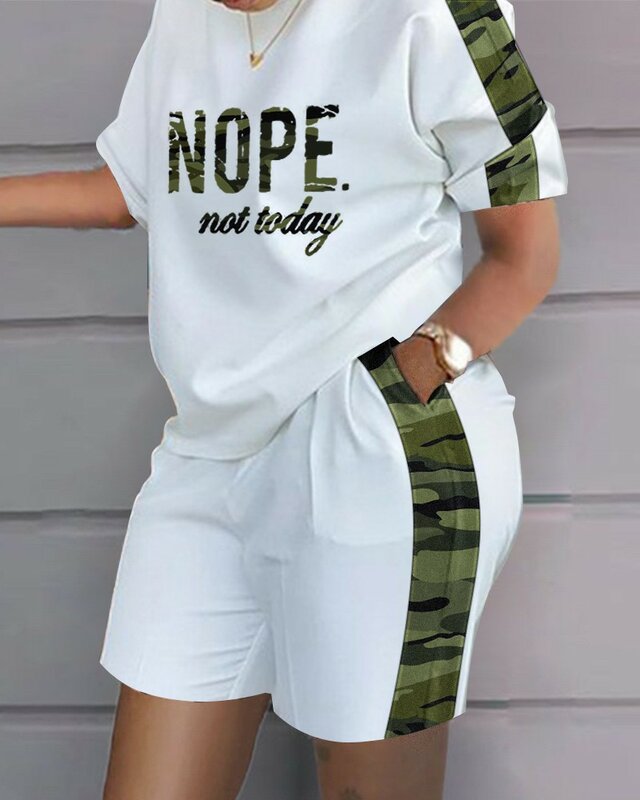 2023 Women Casual Short Sleeve Outfit Fashion Letter Printed O-neck Pocket Suit Female T-shirt Top Shorts Two Piece Set