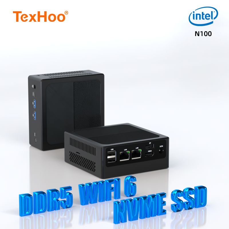 Texhoo-ミニPCゲーム用Inteln100,デュアルバンド,wifi 6,bt5.2,16GB,ddr5,512GB,nvme ssd,hdmi,dp,デュアルlan