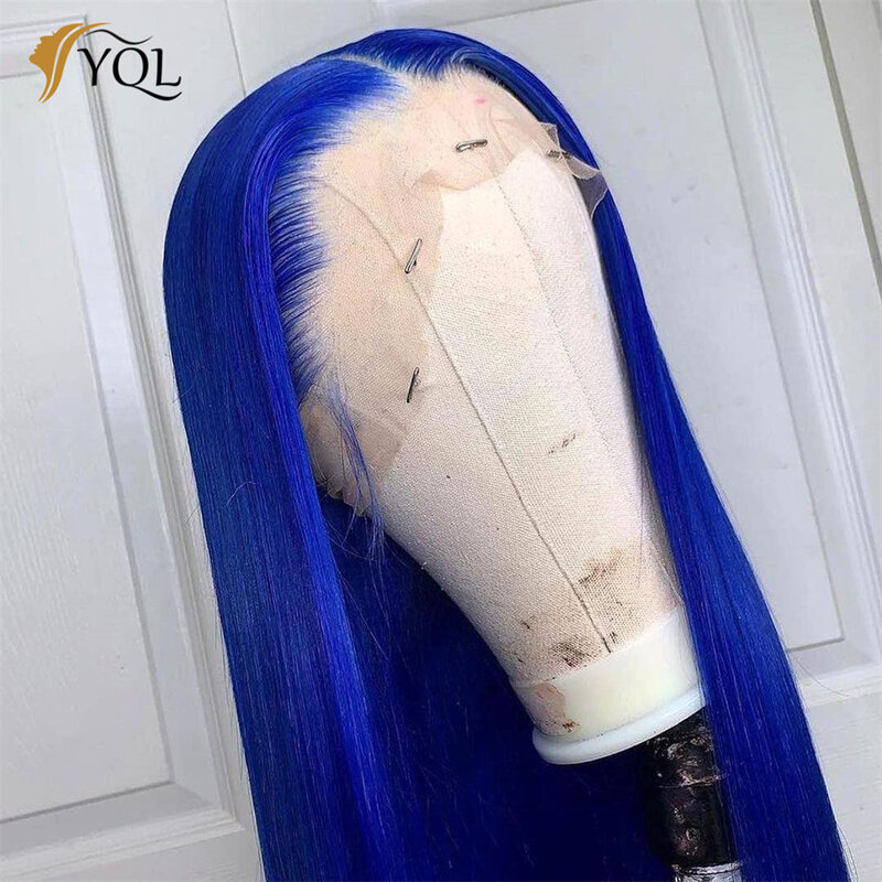 Peluca de cabello humano liso para mujer, postizo de encaje Frontal transparente, color azul, 13x4
