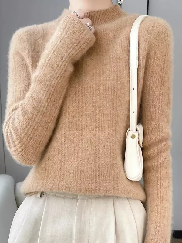 Sweater atasan wol wanita lengan panjang, Atasan pakaian rajut dasar lembut wol Merino 100%, Pullover lengan panjang leher Mock, Sweater musim gugur musim dingin