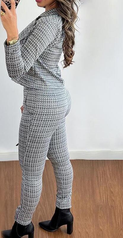Set Top e pantaloni con ombelico aperto stampato pied de poule con giacca con colletto dentellato 2023 abbigliamento donna di vendita caldo di nuova moda