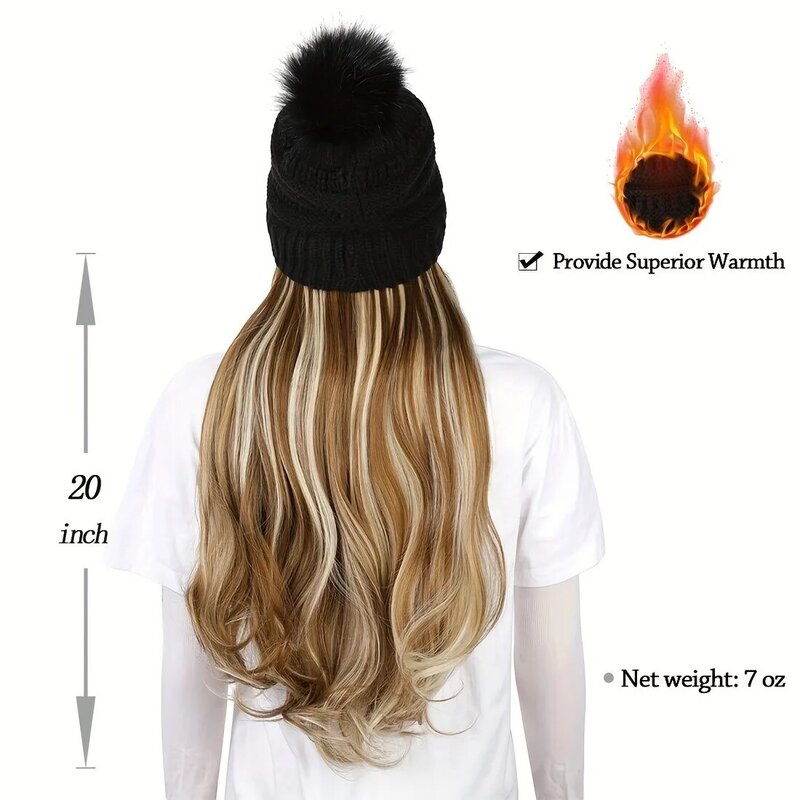 Knitted Beanie Hat with Hair Extensions for Women, Warm Pom Cap, Long Wavy Hair Extensions, Synthetic Hairpiece, 20in