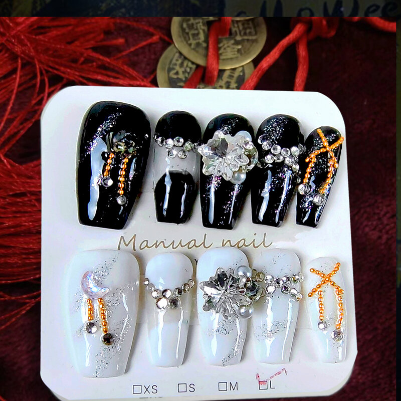 Press on Nails Black and White Dual Color Arylic Manicure Glitter Glue Snowflake Diamonds Gold Wire Chains Decorated False Nails