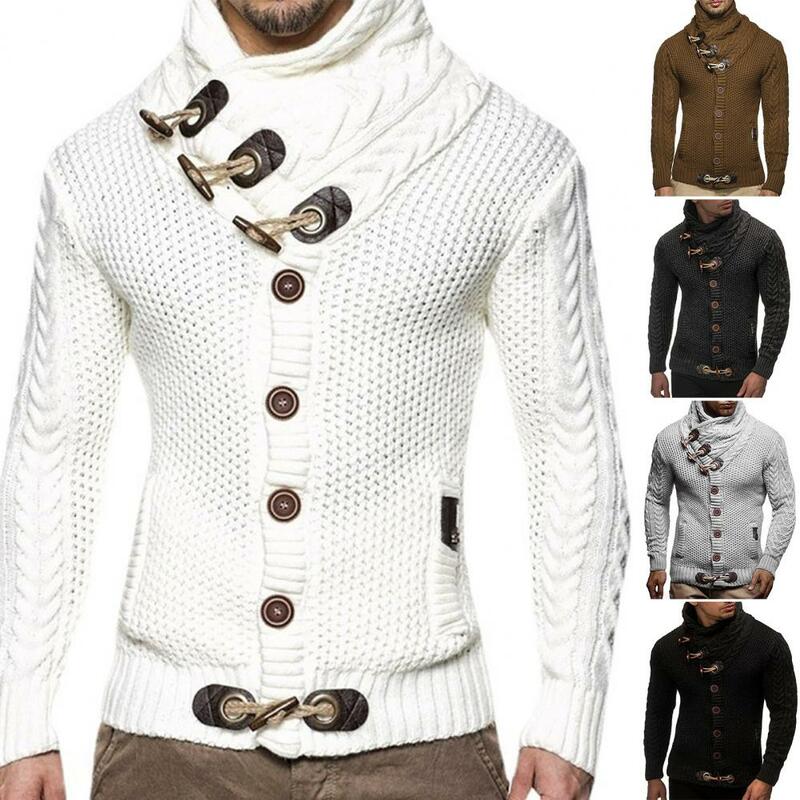 Botões de chifre masculino malha camisola, cor pura, cardigan Slim Fit, suéter