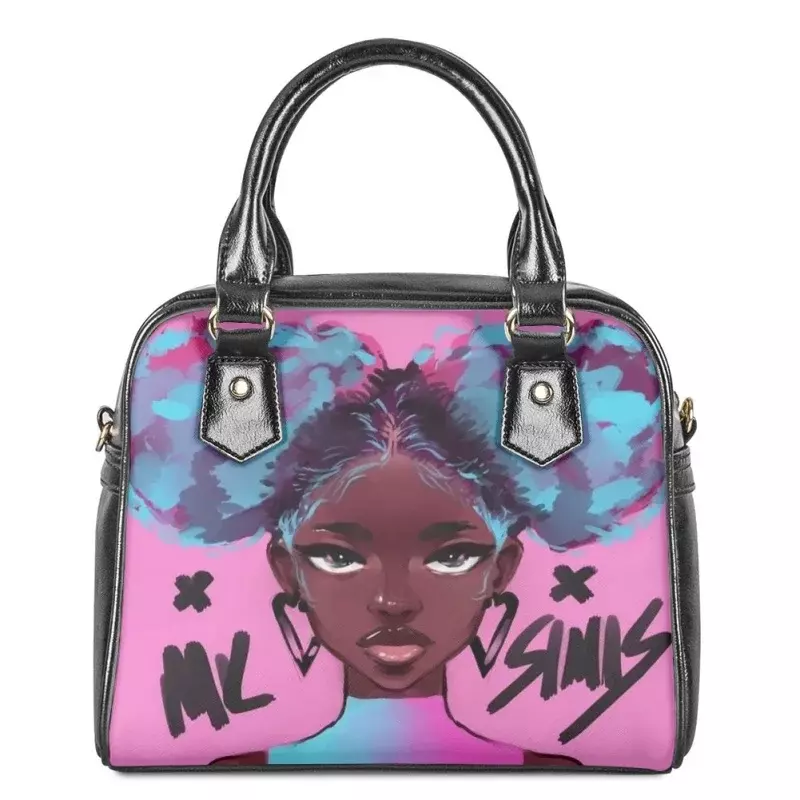 Black Art African American Girl Print Women Leather Shoulder Handbag Here Wallet Lady Casual Top-handle Bag Crossbody Set