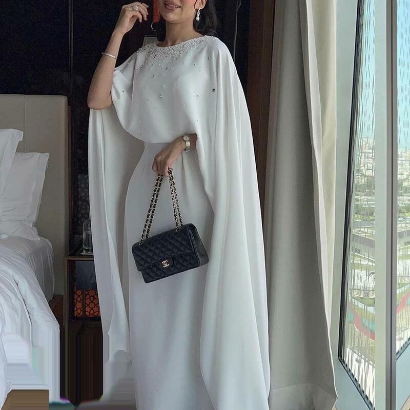Vestido de baile feminino com o pescoço em Dubai, mangas xale, vestido de noite com penas, comprimento do tornozelo, vestido de casamento, 2023