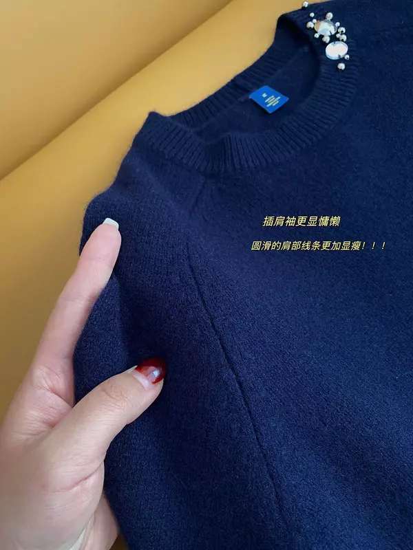 Suéter de punto de manga larga para mujer, Jersey informal holgado de cuello redondo con diseño de cuentas de Cachemira, novedad de 2024, 100%