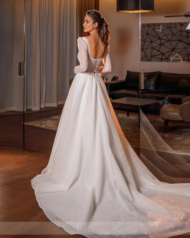 Vestido de novia plisado con lentejuelas brillantes, corte en A, manga larga, vestido de novia