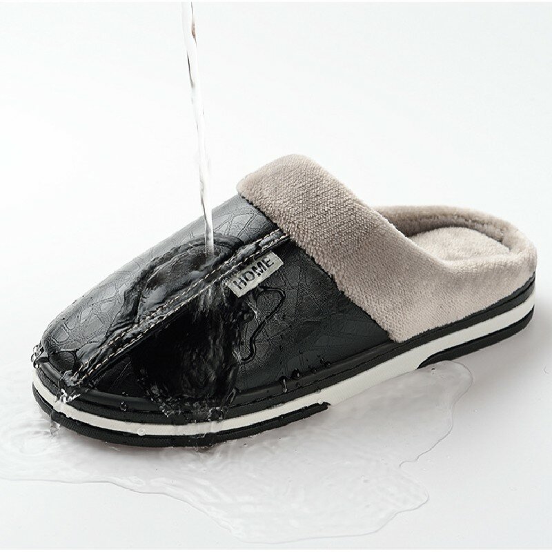 Big Size 50-51 Men Slippers Winter PU Leather Warm Indoor Waterproof Home Furry Flats Couples Slides Bedroom Non Slip Shoes