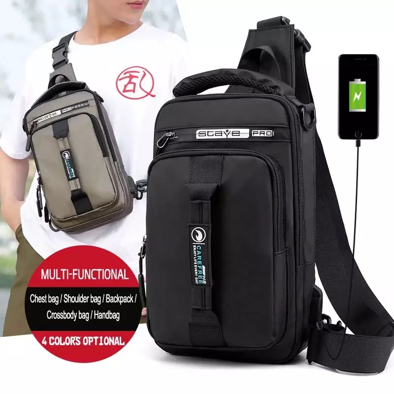 Wielofunkcyjna torba Crossbody mężczyźni USB ładowanie torba piersiowa krótka wycieczka posłańcy torba na klatkę piersiowa wodoodporna torba na ramię o dużej pojemności