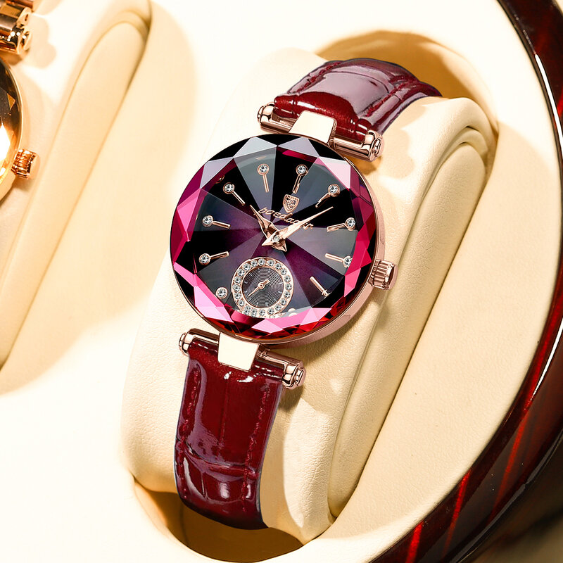 POEDAGAR ผู้หญิงนาฬิกาแฟชั่นเพชรหนังควอตซ์นาฬิกาแบรนด์หรูกันน้ำสุภาพสตรีนาฬิกาข้อมือของขวัญแฟน
