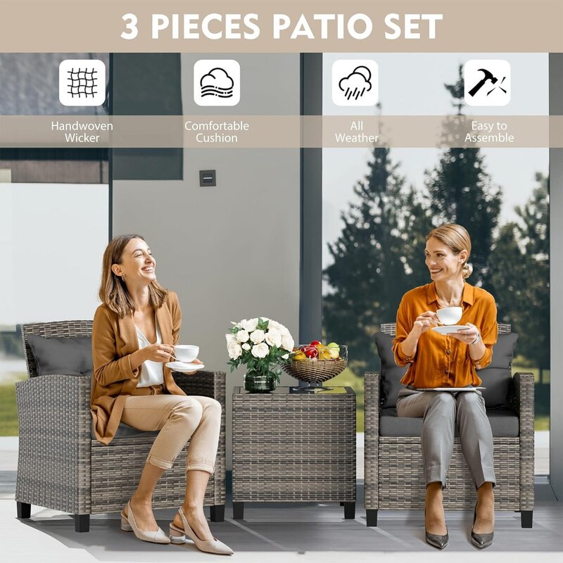 3 Piece Patio Furniture Set, Small Outdoor Wicker Rattan Front Porch Bistro Set, Patio Chairs Set with Glass Table