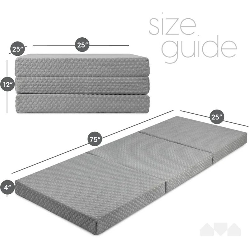 Premium Memory Foam Folding Mattress, Tri Fold with Waterproof Washable Cover,   Memory Foam,Space Saver Single Size (75"x25"x4)