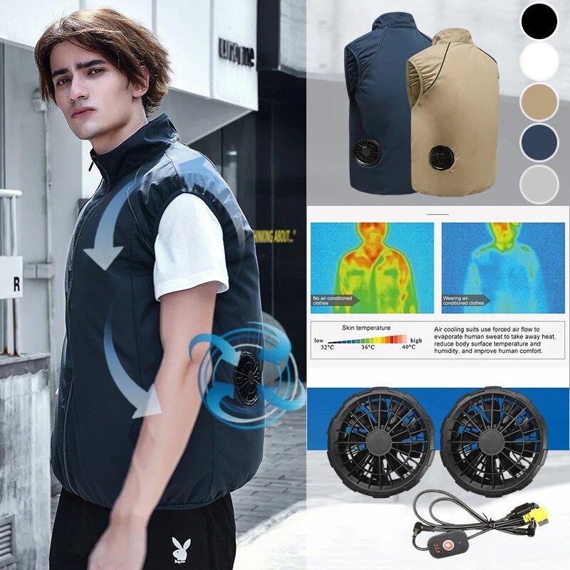 ผู้ชายระบบปรับอากาศฤดูร้อนเสื้อผ้าพัดลม Cooling Vest 2022ใหม่ USB ชาร์จ Cooling กีฬาชายเสื้อสีทึบ Plus ขนาด