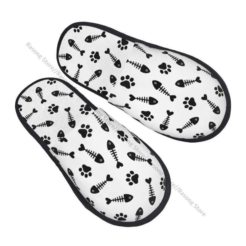 Winter Women Men Non-Slip Flat Slippers Cats Paws And Fishes Bones Indoor Fur Soft Warm Shoes