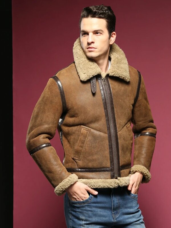 Winter Men Clothing Leather and Fur Men's Short Warm Jacket B3 Flying Suit Detachable Hat Stand Collar Genuine Leather Jackets F