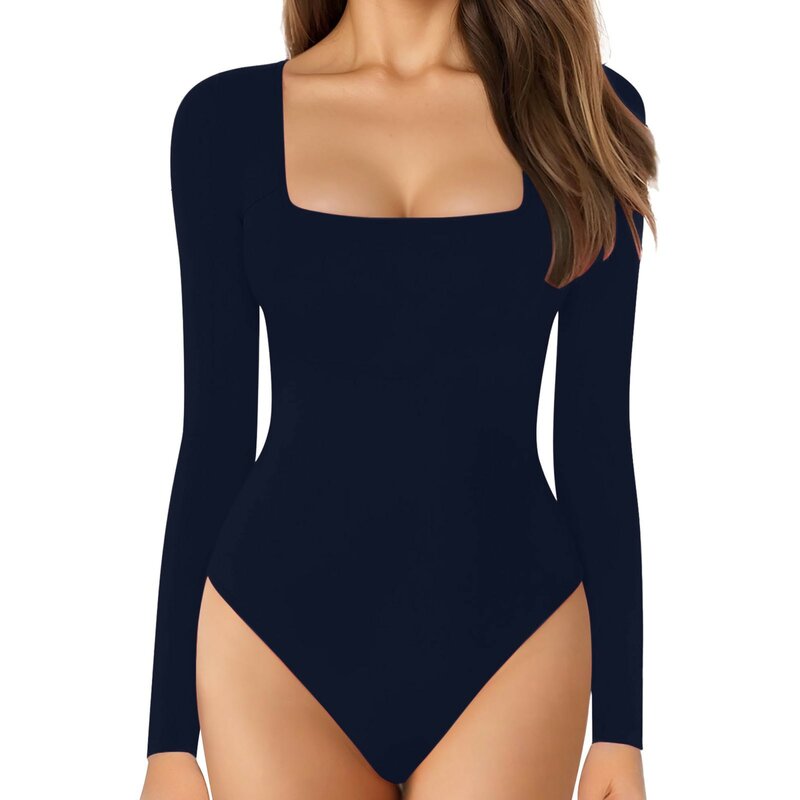 Women's Solid Color Long Sleeved Square Necked Low Necked Shorts Bodysuit Tight Fitting Sexy Bottoming Jumpsuit For Women