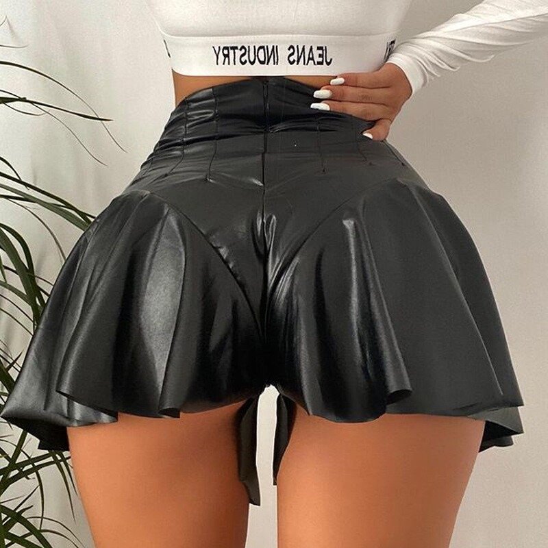 Casual Short Pants Pleated Trousers Skirt Black PU Leather Package Hip A-line Shorts Ruffled Streetwear Fashionable Minipants