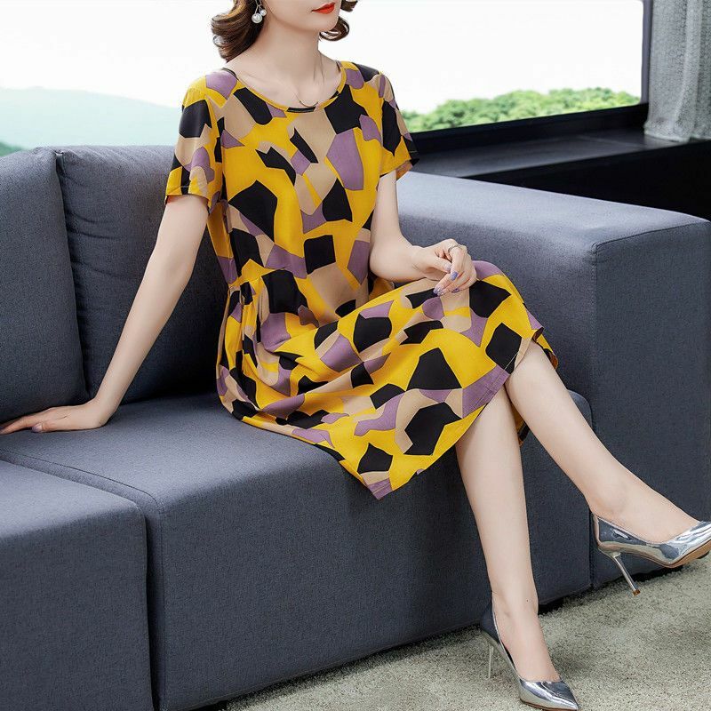 Vestido Midi holgado de oficina para mujer, ropa Vintage con cuello redondo, bolsillos, pliegues, geométrico, 2024
