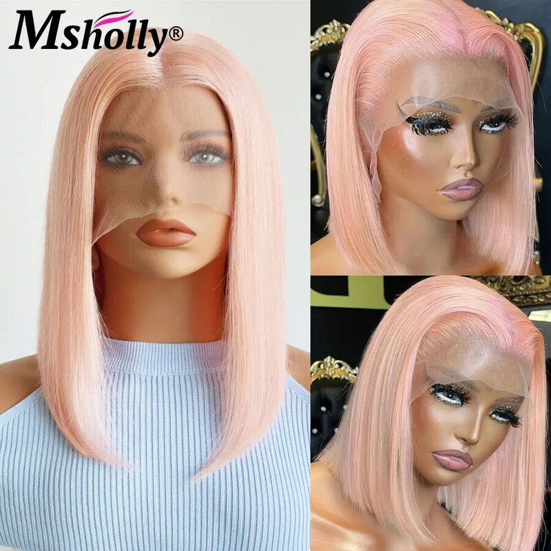 Peluca de cabello humano liso para mujer, pelo corto Bob, color rosa, sin pegamento, prearrancado, listo para usar