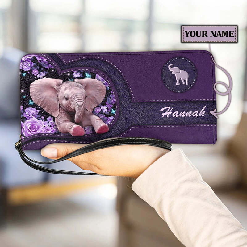 Mały damski skórzany portfel Kawaii długie portmonetki etui na karty kredytowe uroczy wzór słonia zamek błyskawiczny portfele kopertówki Billetera