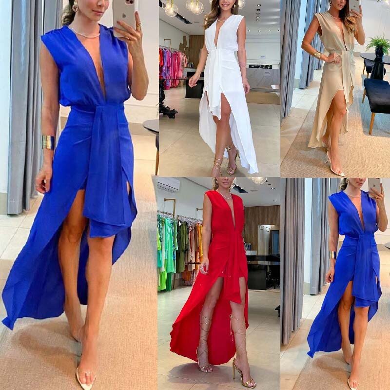 Spring And Summer New Dresses Women Sexy V-neck Sleeveless Solid Color Irregular Dress Fashion Vacation Commuting Style Vestidos