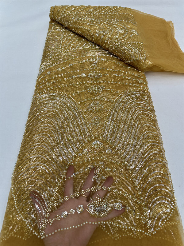 Tela de red de tul bordada hecha a mano con cuentas, lentejuelas francesas de lujo, encaje de malla, vestido de fiesta de boda de noche, dorado y moderno