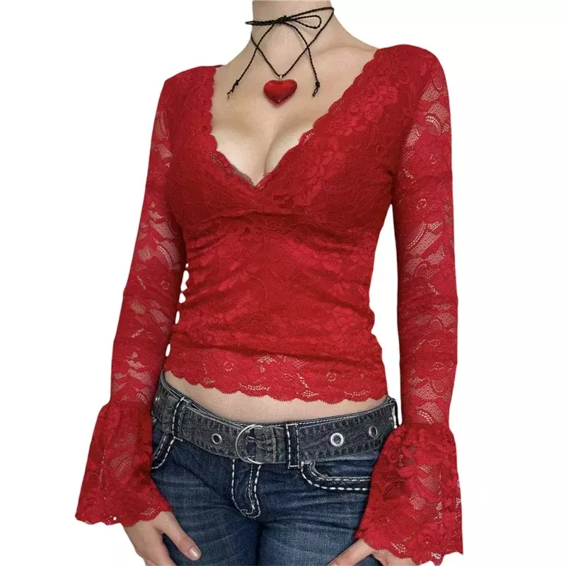 Temperament Slim Fitting Lace Top Y2k Clothing Women's Perspective V-neck Long Sleeved T-shirt Fairy Sexy 2000s Street YDL04