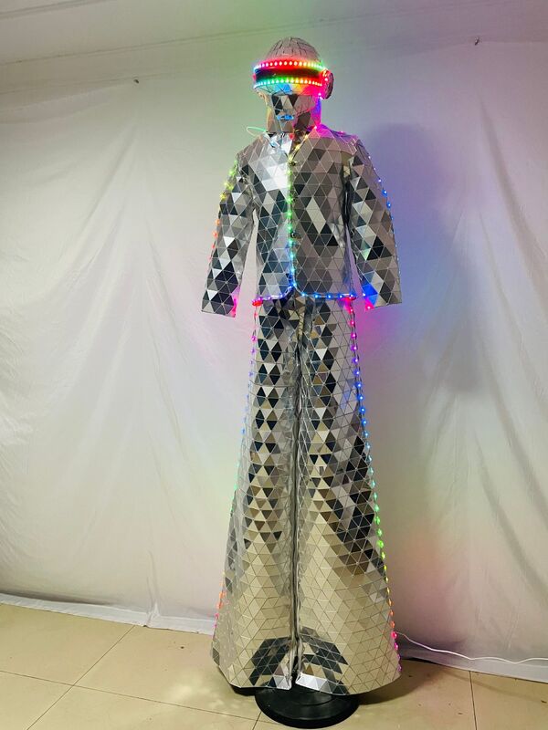 Costumes de spectacle de miroir pour hommes argentés, échasses à LED cousues à la main imbibées, robe de performance sur scène, vêtements de danse pour la fête, la boîte de nuit, 2023