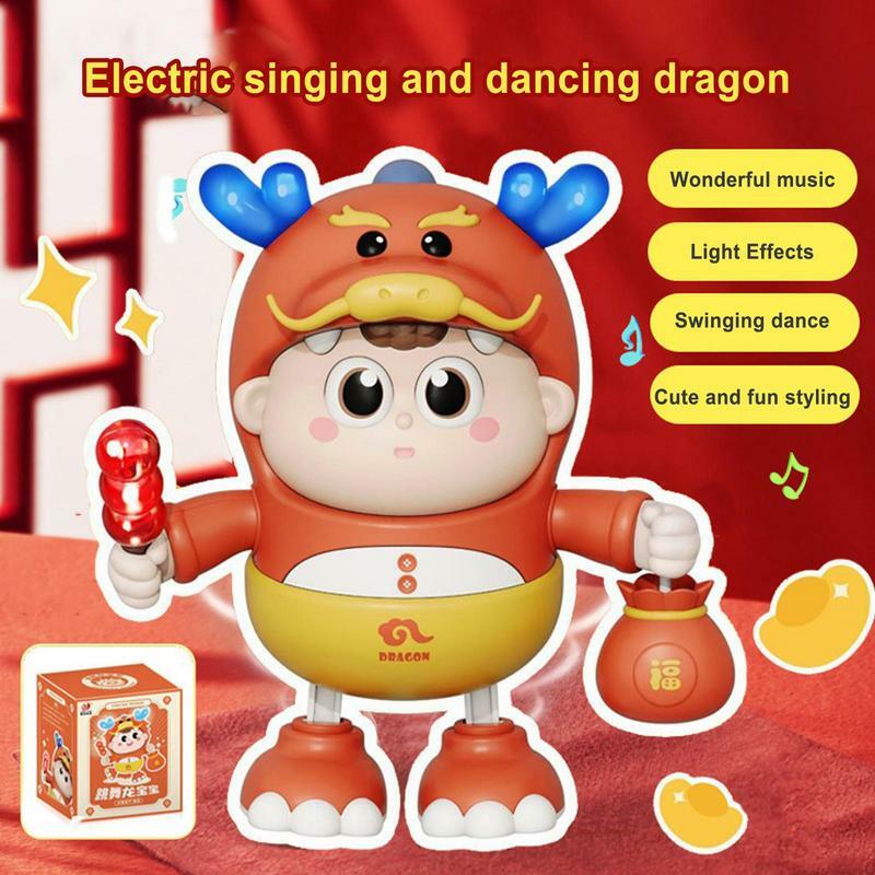 Dança elétrica e cantando dragão brinquedo com música e luz LED, brinquedo dos desenhos animados, adorável padrão, decoração da festa, presente de ano novo