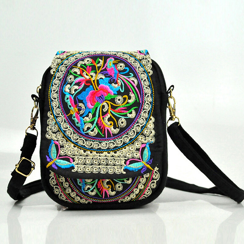 Saco de Zip Crossbody bordado floral vintage para mulheres, bolsa de ombro, bolsa de viagem, bolsa para celular, carteira