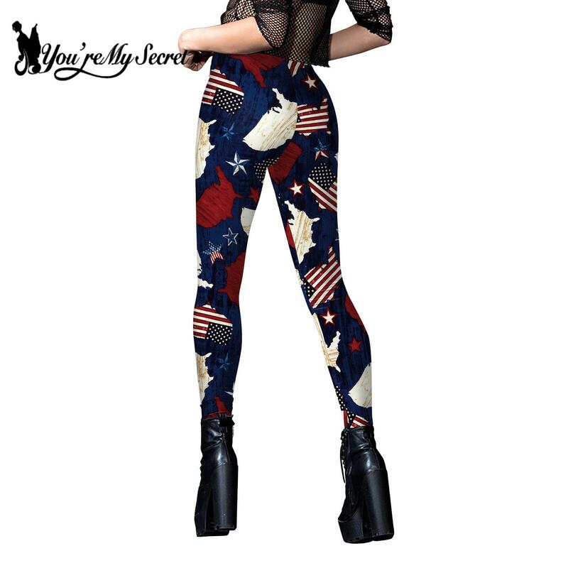 [You're My Secret] Leggings for Women Independence Day 3D Flag stripe printing Mid Waist pants Elastic Bottom Holiday Party Gift