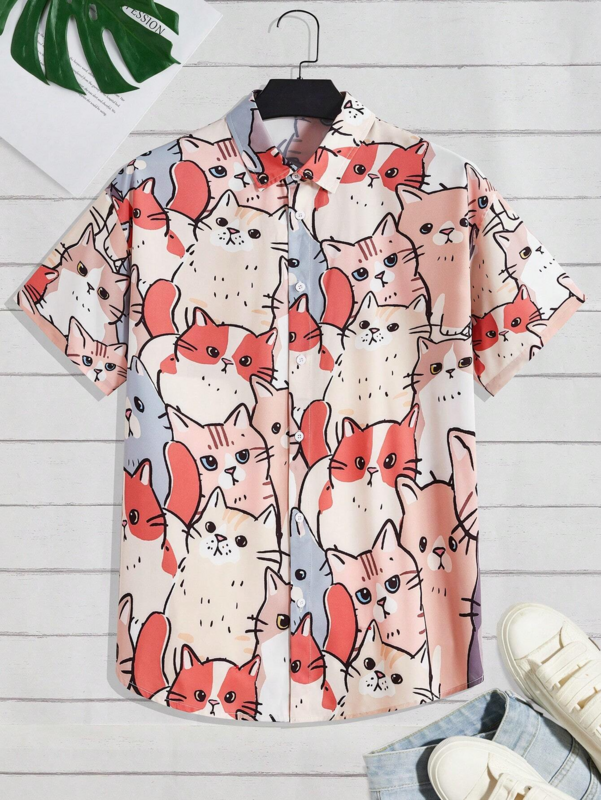 Рубашка мужская повседневная с коротким рукавом, гавайская блузка с 3D-принтом кота в стиле унисекс, модная одежда в стиле Харадзюку