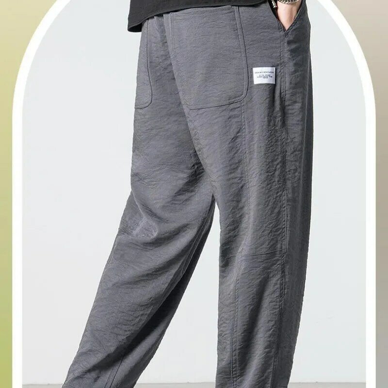 Celana kasual pria, musim panas 2024 baru, kain perca, menunggu elastis, tali serut, Saku, warna Solid, nyaman dan serbaguna
