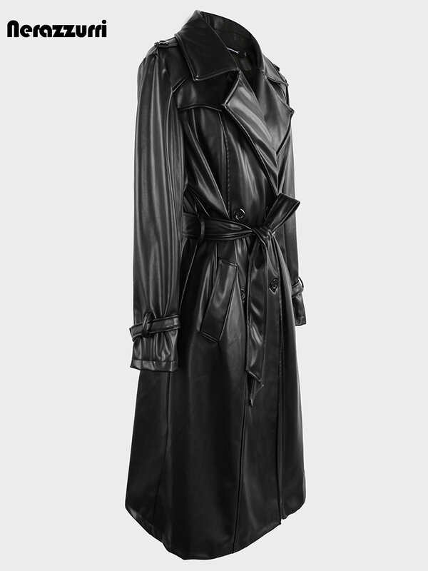 Nerazzurri mantel panjang musim gugur untuk wanita, pakaian Trench kulit Pu warna hitam cokelat dengan kancing dua baris, mantel elegan mewah untuk wanita