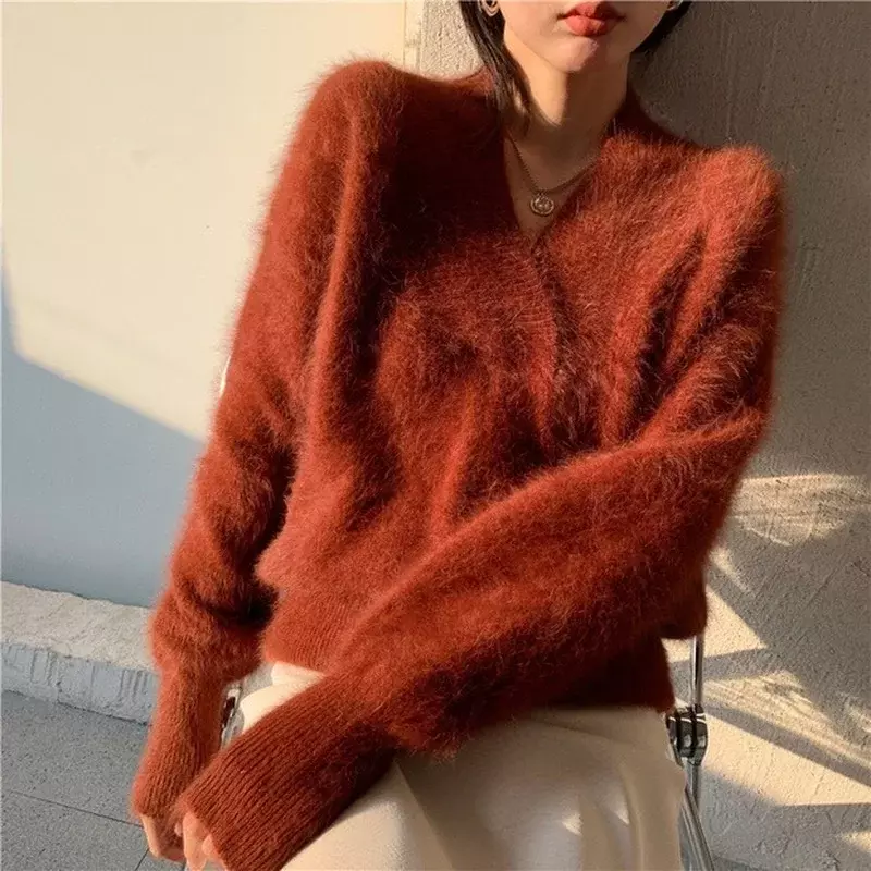 Luksusowe swetry norek z kaszmiru Y2k damskie swetry z dekoltem w serek słodkie eleganckie zimowe moherowe gruba dzianina miękki luźny białe czerwone