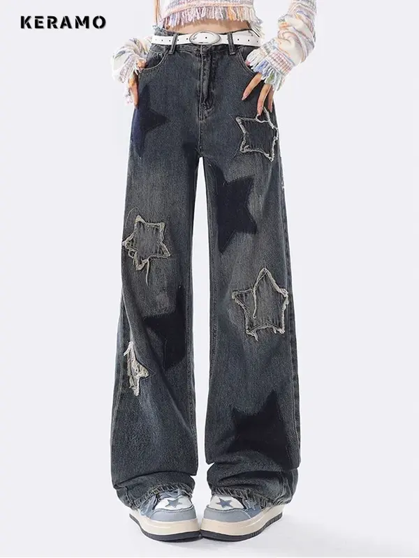 Jeans com patch de estrela feminino, bordado vintage americano, calça jeans casual, cintura alta, calça reta solta, feminina
