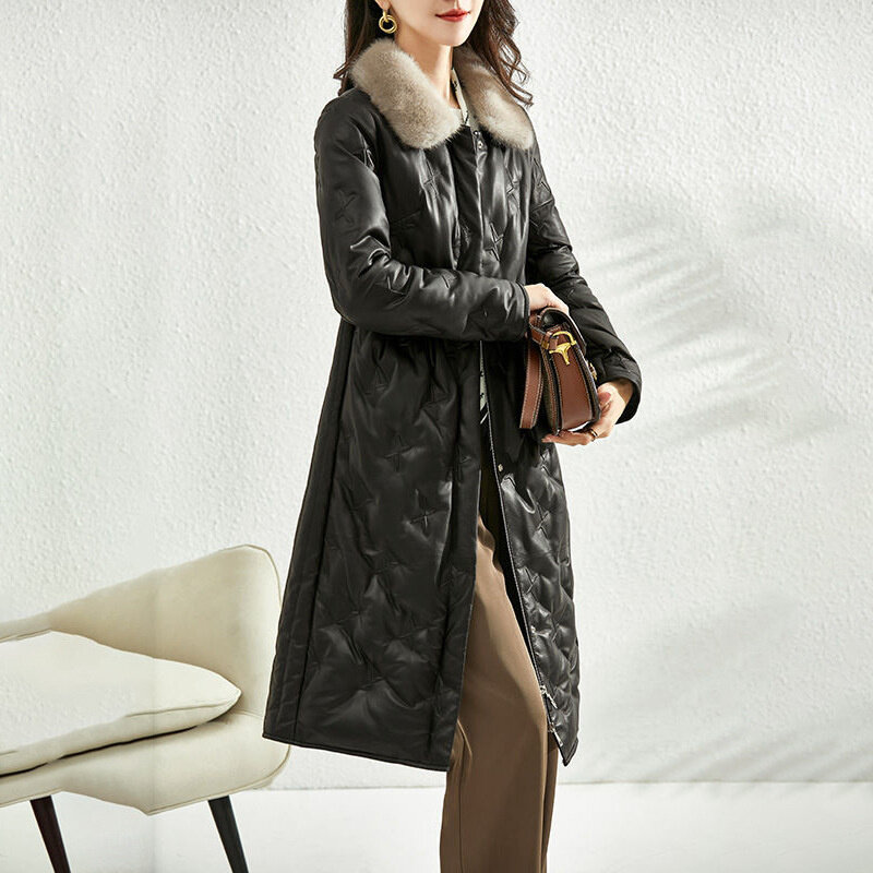 Jaqueta de couro real tcyeek100 % inverno em relevo jaqueta de couro para baixo casaco de pele de carneiro pato branco para baixo casaco de pele de vison preto