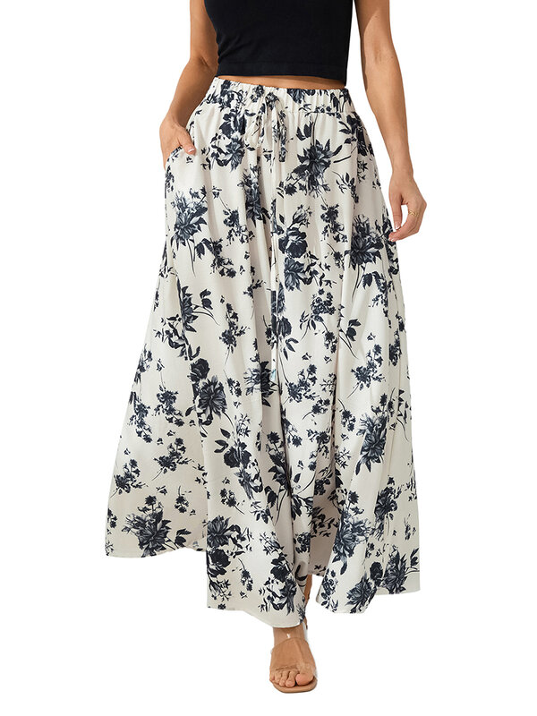 Women Long Flowy Skirt Elegant High Waisted Floral Print Summer Swing Skirt 2024